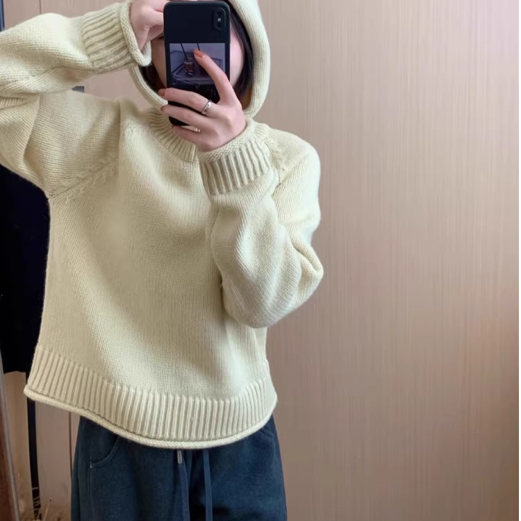 高端货~连帽卷边套头针织衫女2026春秋新款宽松韩版毛衣上衣减龄