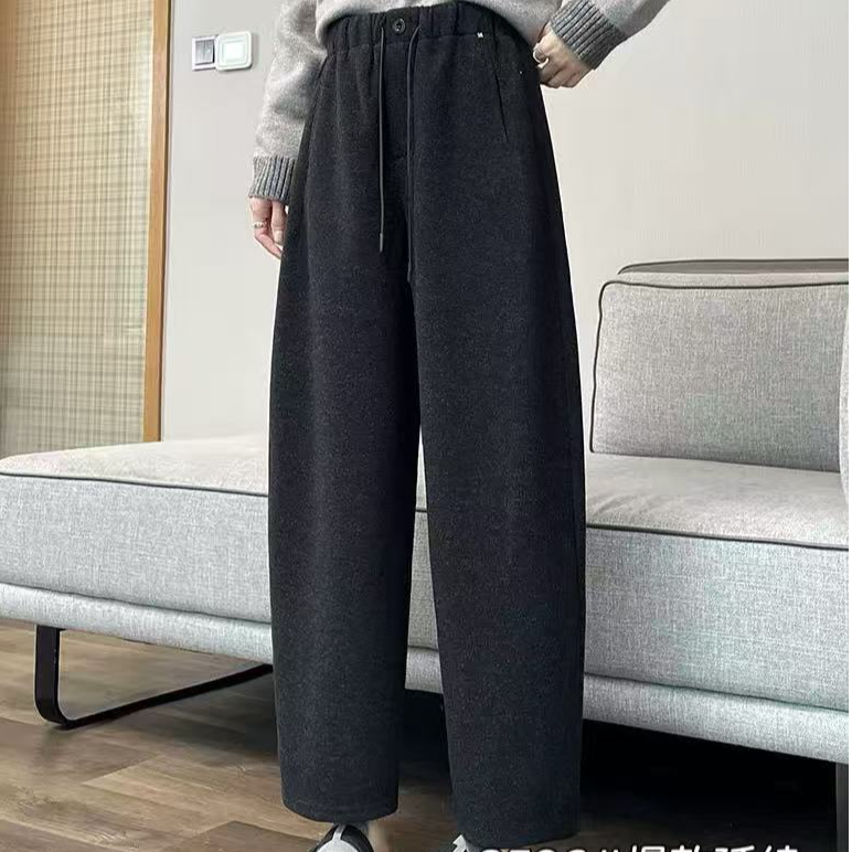 韩系百搭毛呢加绒千金风秋冬九分裤休闲裤毛呢裤弯刀裤