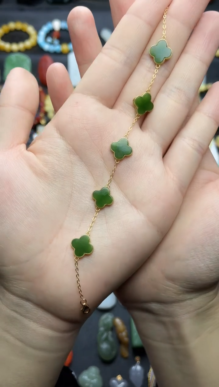 银S925镶嵌手链和田玉四叶草手链06