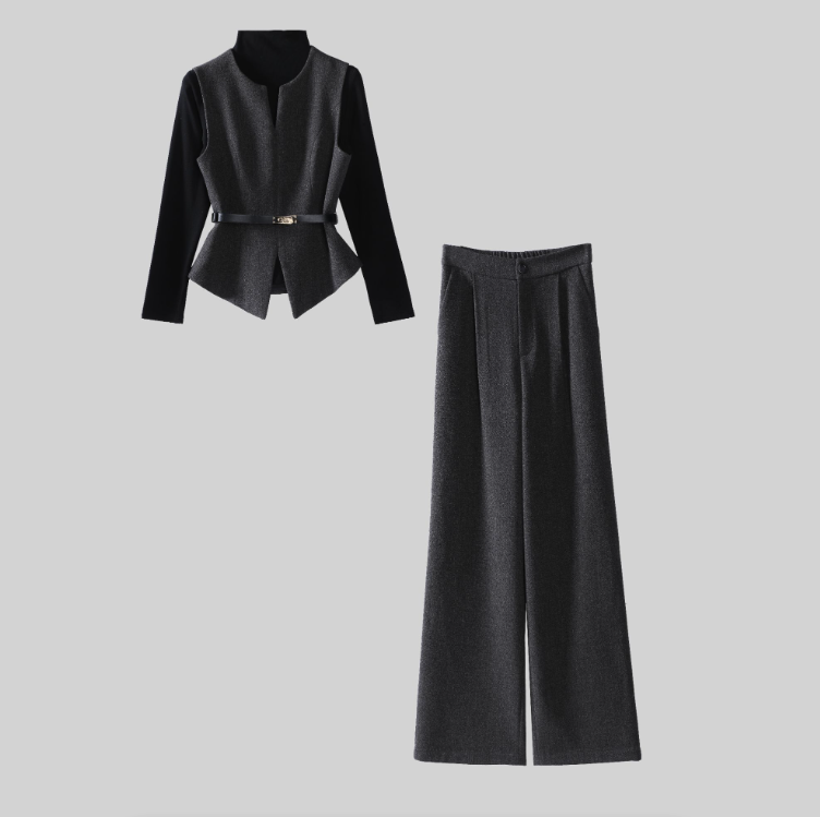 6621套装女秋冬新款洋气显瘦圆领马甲外套针织打底衫阔腿裤三件套