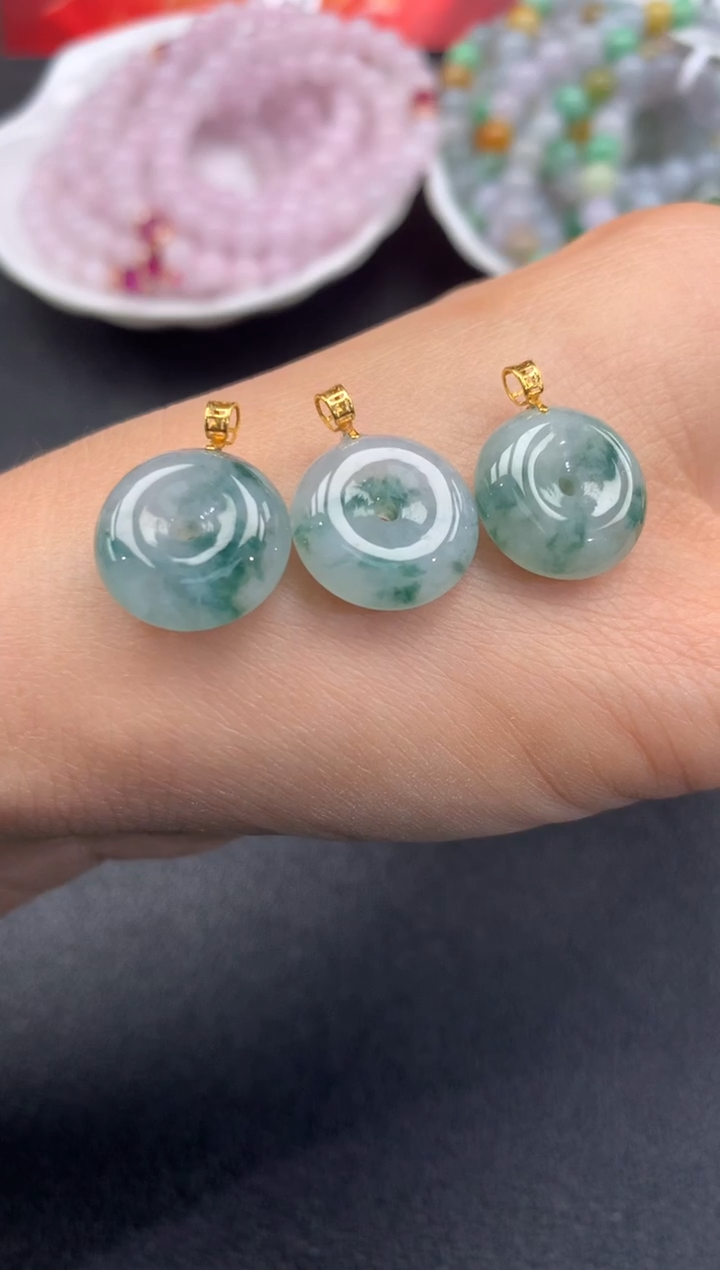 颈饰18K金镶嵌翡翠FA345 翡翠飘花平安扣 多样性发其一赠皮绳