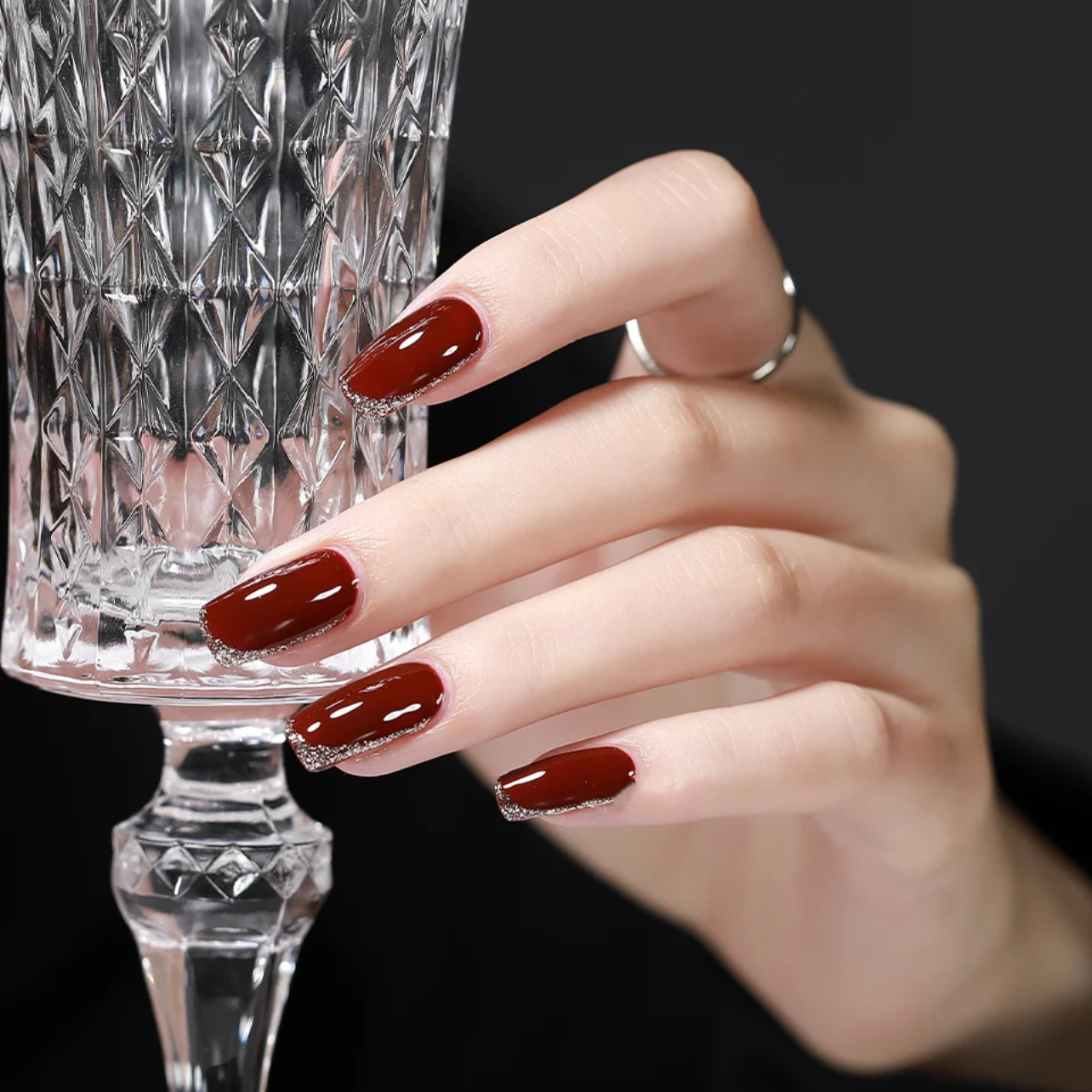 【红颜】新年战甲纯手工穿戴甲简约酒红银色爆闪可拆卸