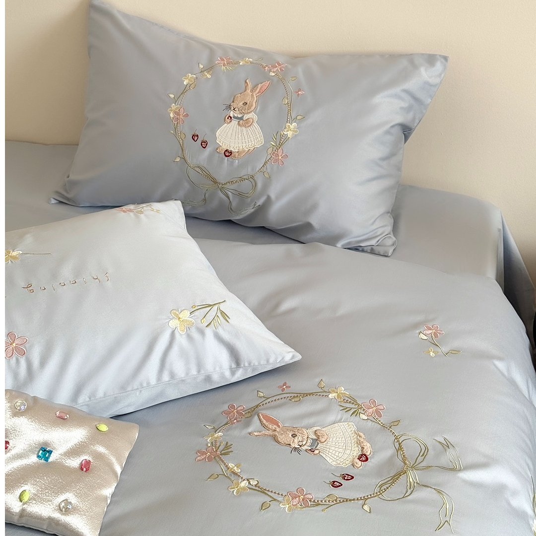 【全棉长绒棉刺绣四件套】-萌兔花园可爱公主风高级轻奢床品ins风