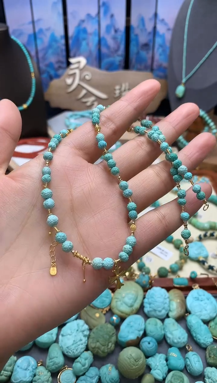 【闪购商品】绿松石颈饰18K金镶嵌高瓷精工莲花珠项链
