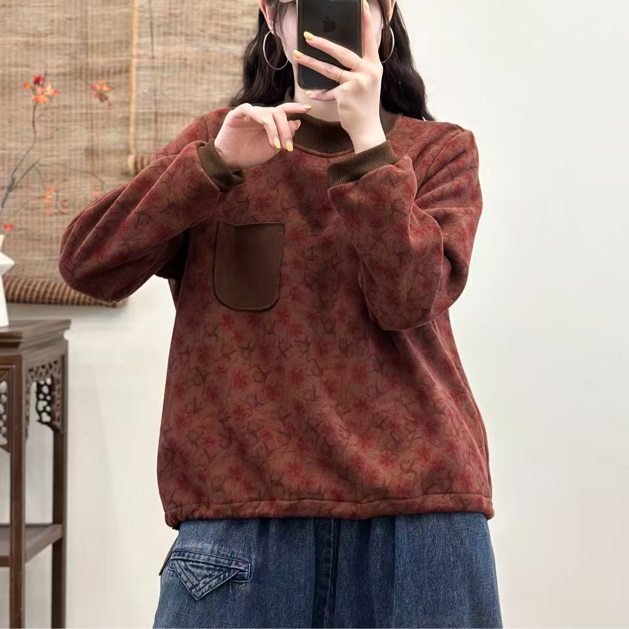 16677新款秋冬加绒复古气质减龄宽松碎花卫衣