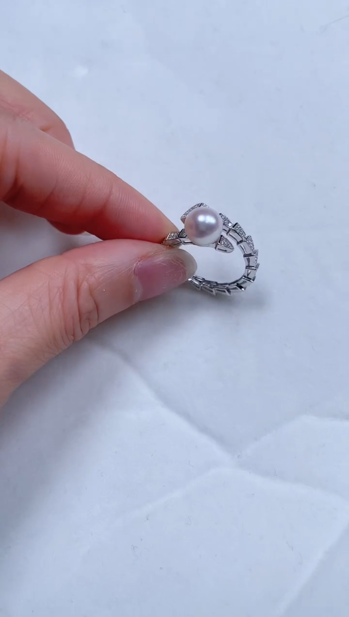 【闪购商品】海水珍珠戒指银S925镶嵌海水珍珠开口银戒蛇年限定