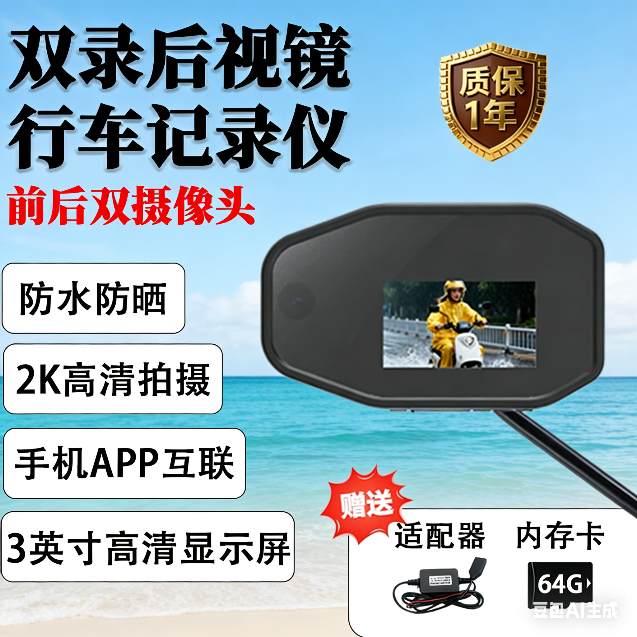 【洲鸿】双摄带屏前后双录电动车行车记录仪摩托车后视镜记录仪专用