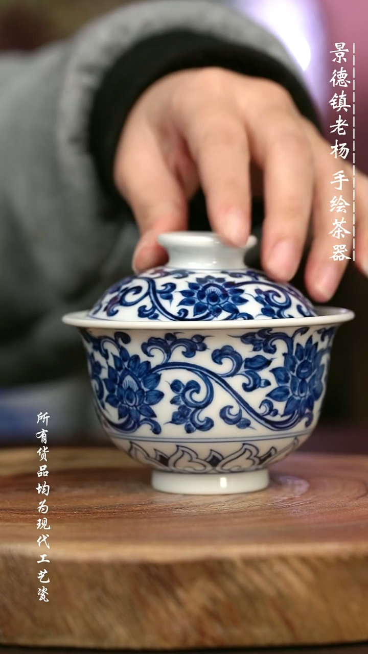 手绘高温现代瓷 气窑  有暇  双钩缠枝莲大布袋150C