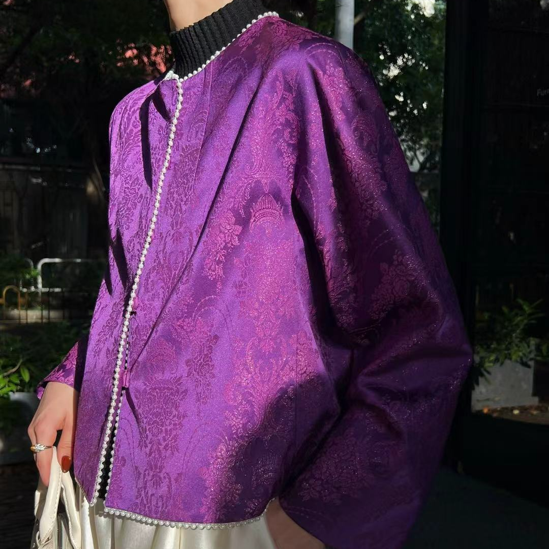 梧桐宝贝《万寿无疆》原创金丝提花时尚洋气新中式国风复古紫色外套