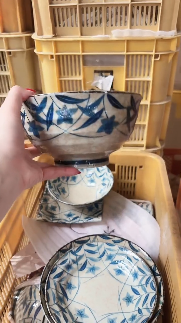 陶瓷黄泥桔梗17cm面碗两个