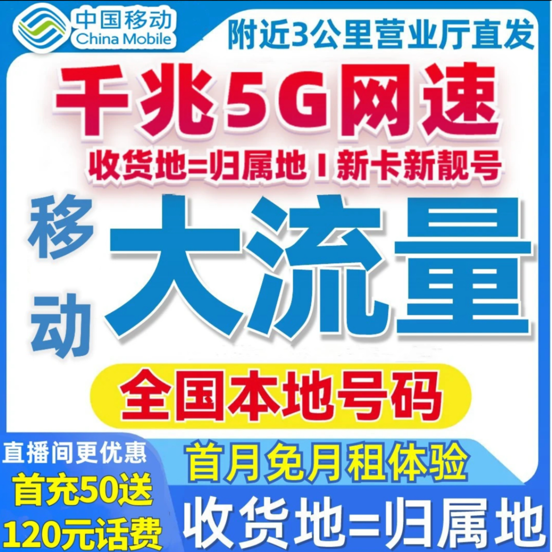 中国移动流量王卡全国发货本地归属地电话卡手机卡不限速官方5g卡
