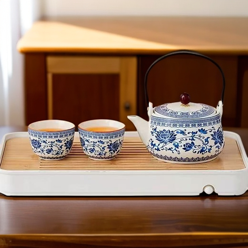 宽口青花-缠枝莲提梁壶2776【一壶两杯】茶壶茶具茶具套装家用