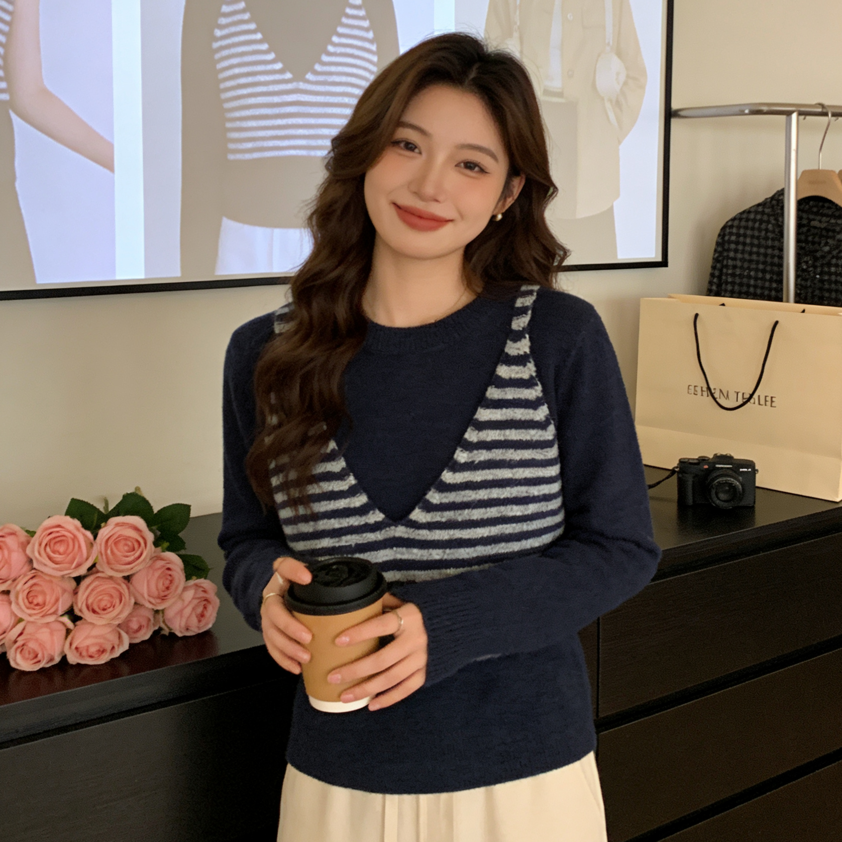 2025秋季新款针织衫休闲时尚小众套头条纹假两件套毛衣女2045