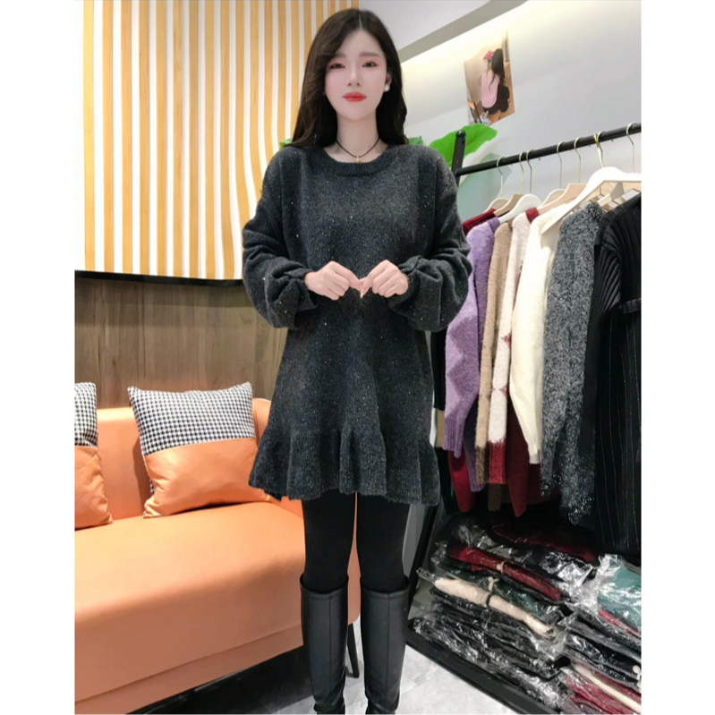 圆领针织中长款冬季百搭宽松套头木耳边时尚显瘦花边亮片毛衣