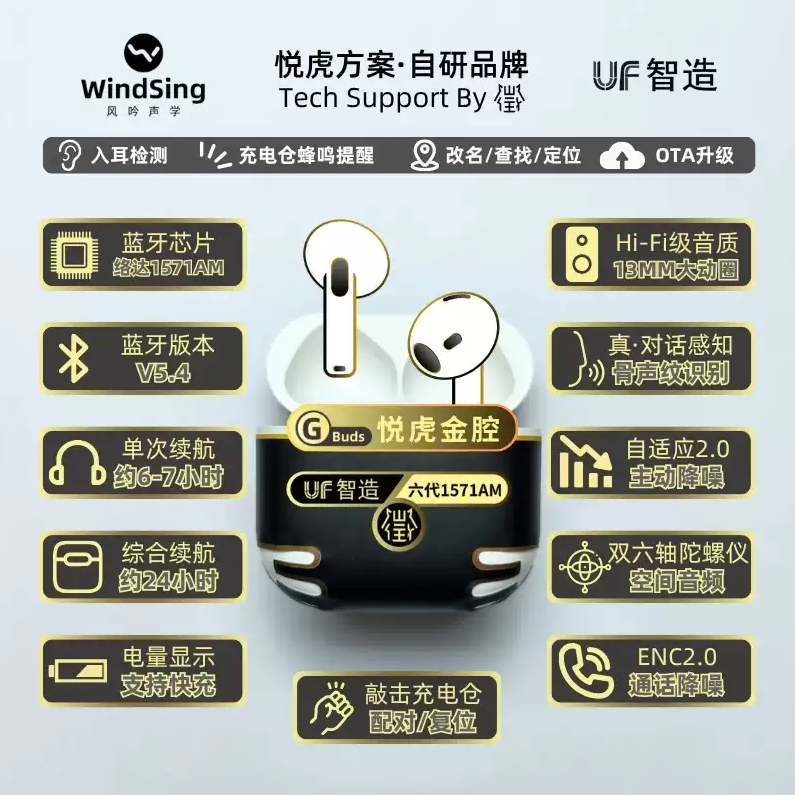 金腔六代1571AM悦虎洛达真无线蓝牙耳机半入耳主动降噪