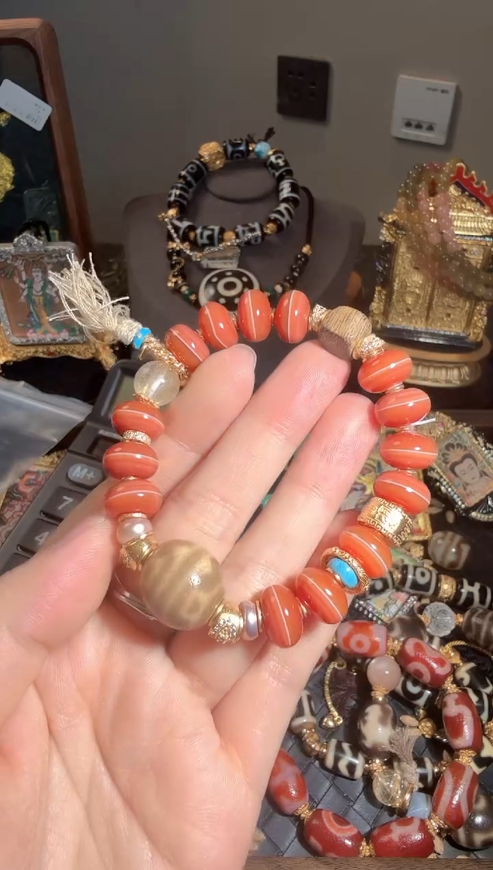 银S925镶嵌手串玛瑙/玉髓药师莲心手串