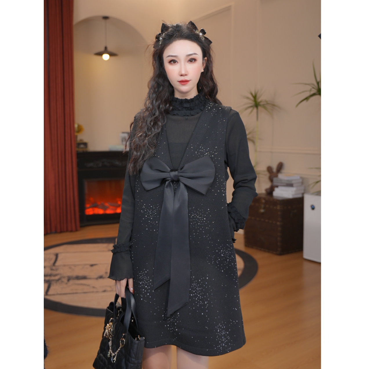 JR·雪姐·情迷法兰西-D6361设计师款长款蝴蝶结深V领马甲