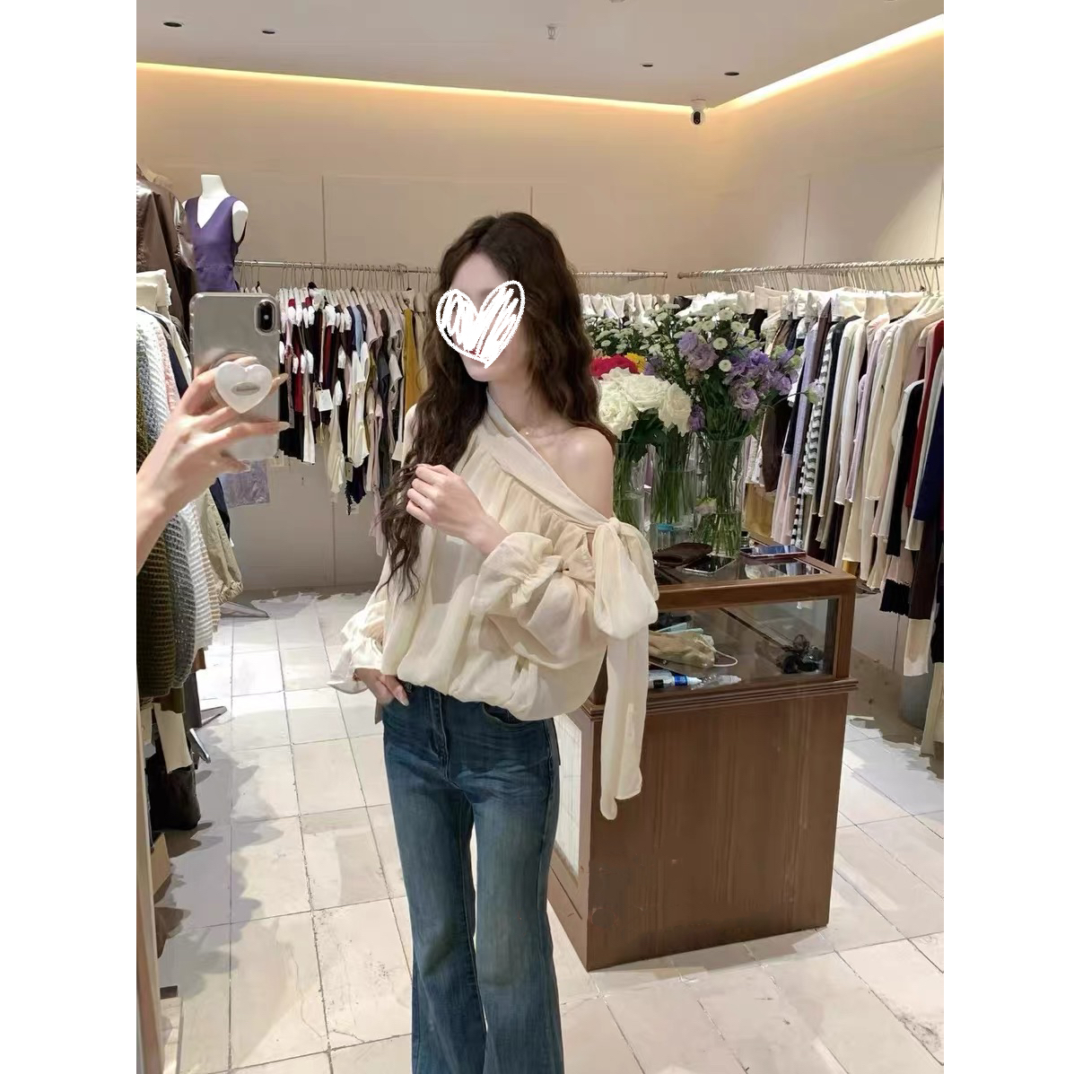 早秋新款洋气温柔千金感灵动飘逸斜肩外穿设计感绑带衬衫女