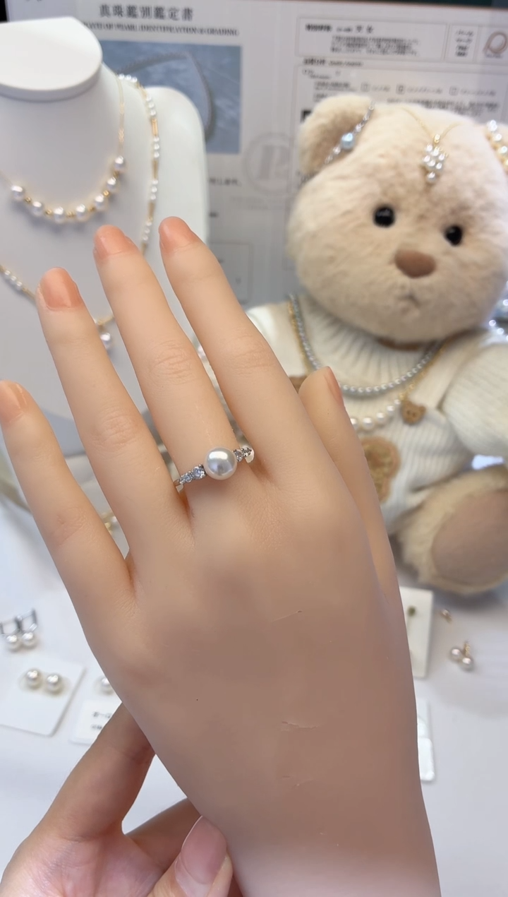 银S925镶嵌戒指海水珍珠7.5-8akoya戒指