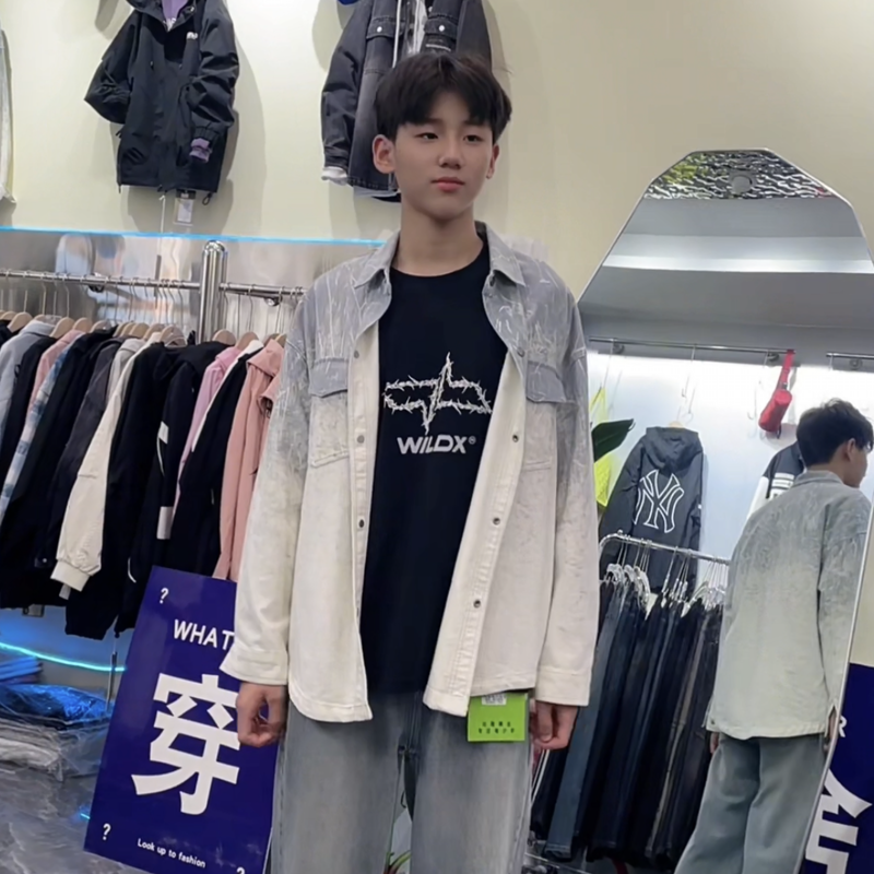潮牌渐变青少年大童春秋薄款宽松欧韩系单层衬衫外套