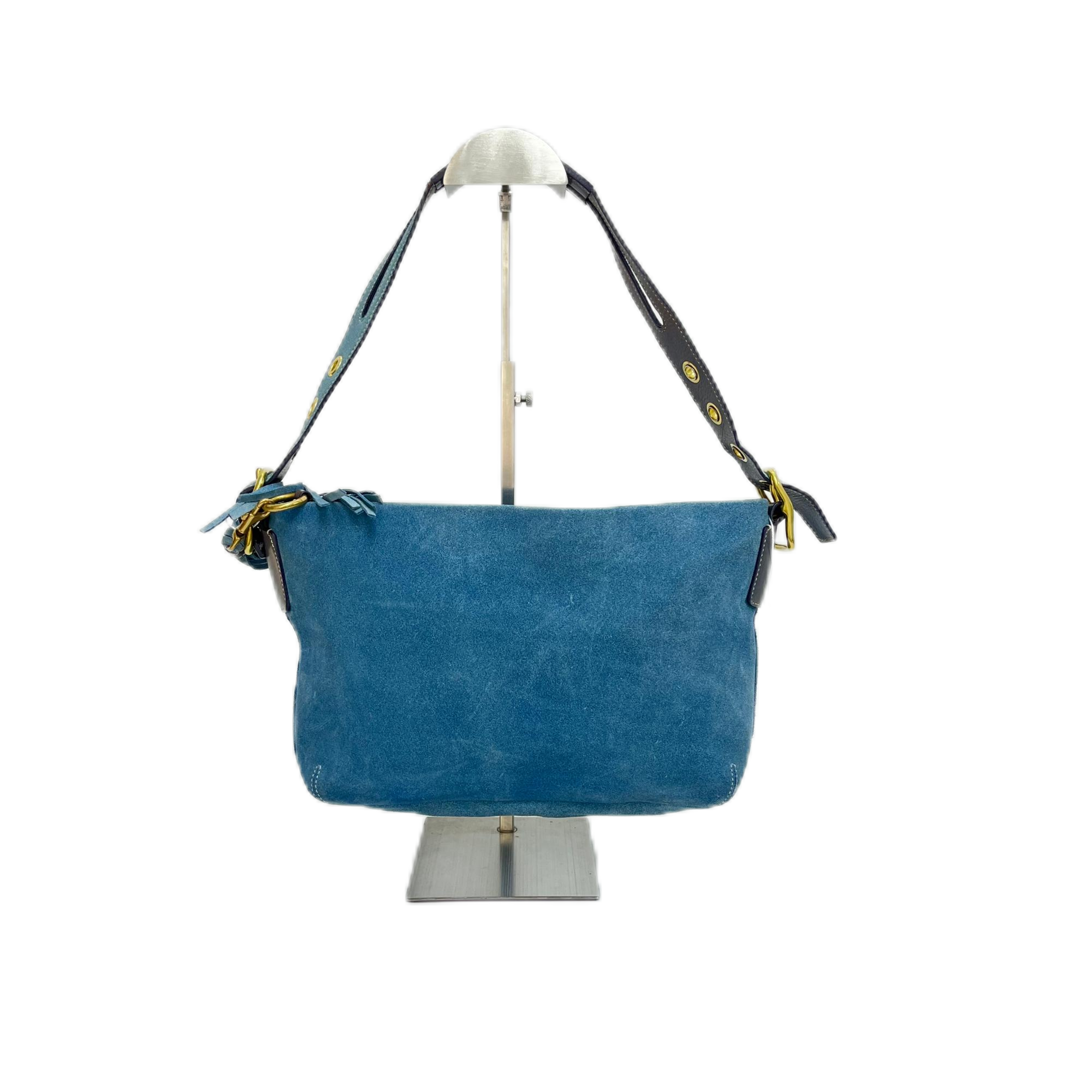 95新 COACH/蔻驰 蓝色麂皮绿色牛仔中古单肩腋下包Y-5766-B牛皮