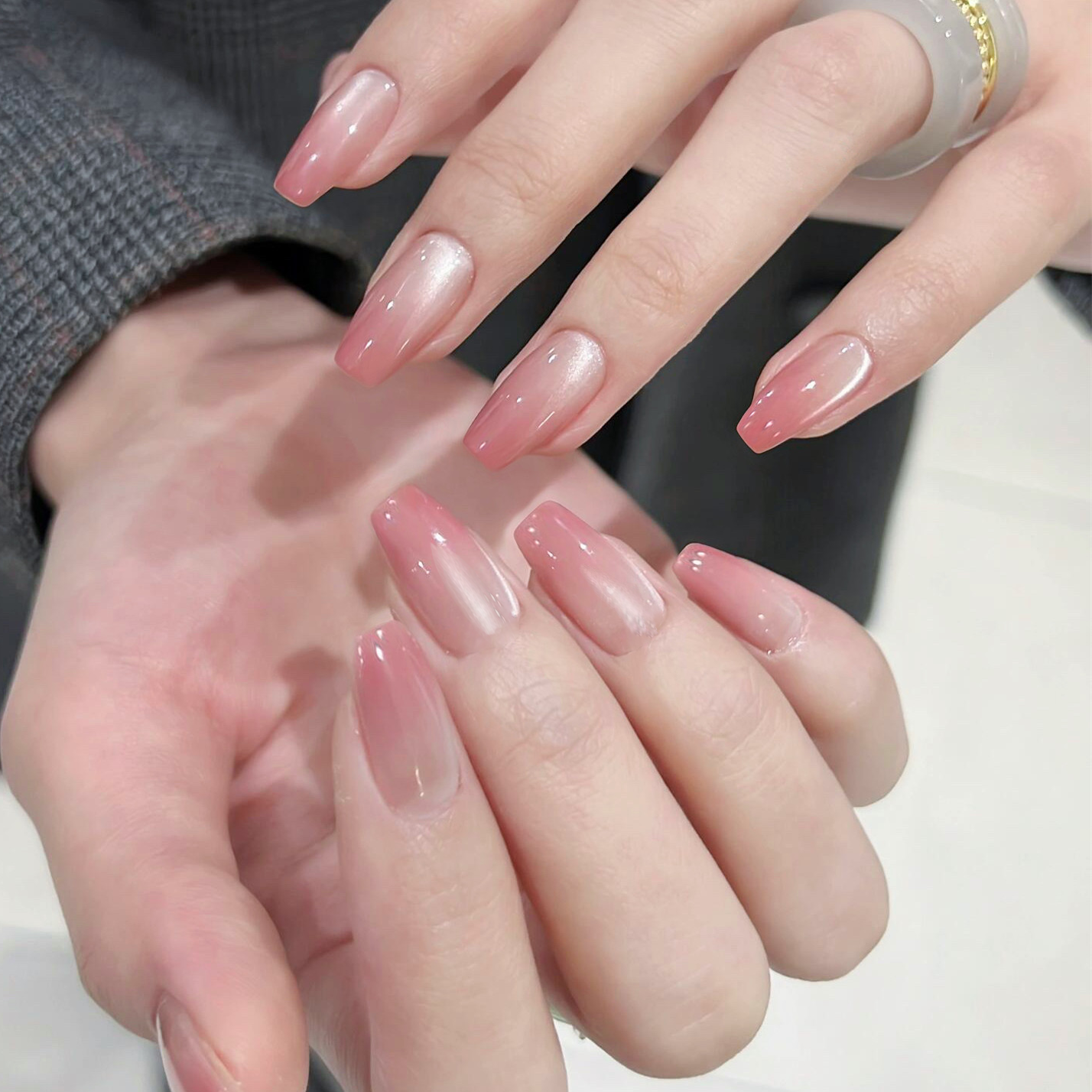 【白桃乌龙】渐变百搭纯手工穿戴甲裸粉乳白冰透猫眼美甲贴片指甲贴