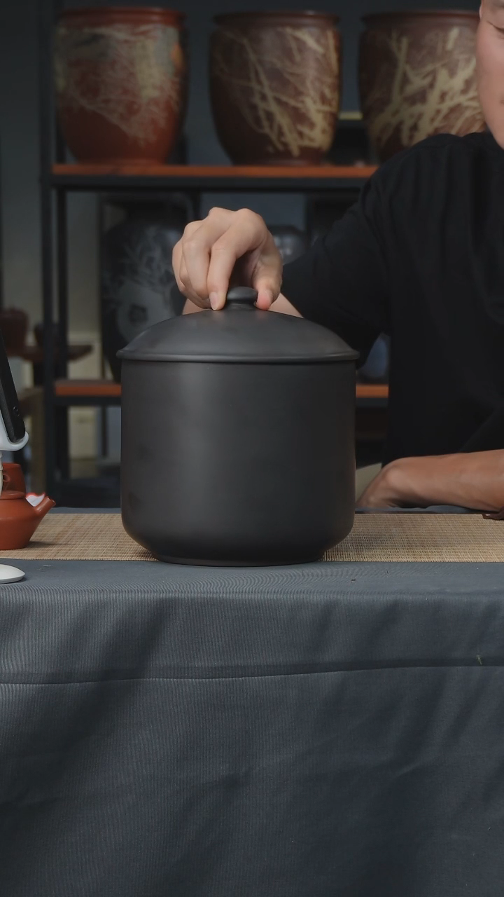 建水紫陶200g五饼存茶缸 素 黑色 028
