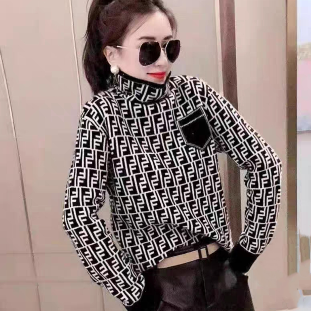 冬季新款时尚洋气套头堆堆领宽松假兜字母提花针织衫