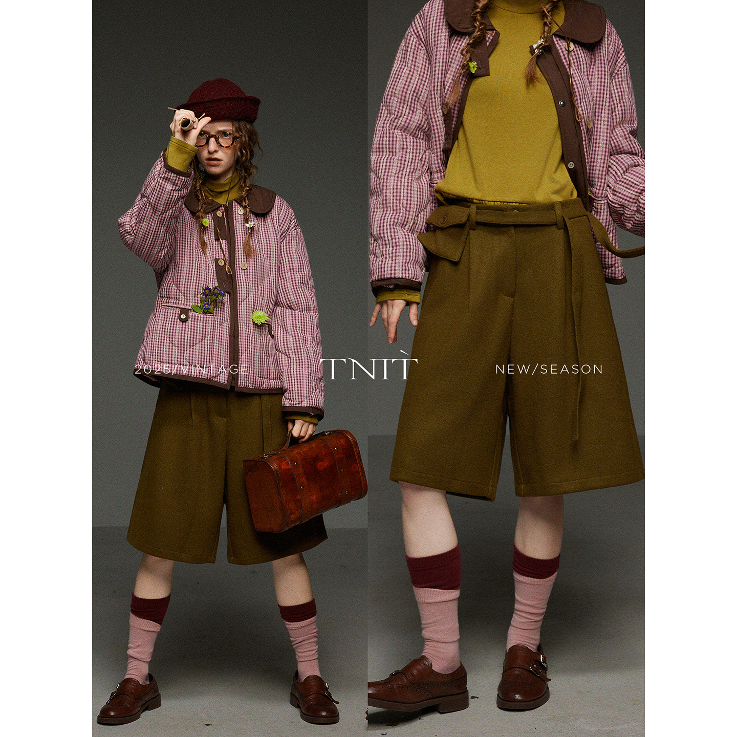 TNIT复古加厚配腰带直筒休闲五分中裤女冬季高腰显瘦宽松阔腿短裤