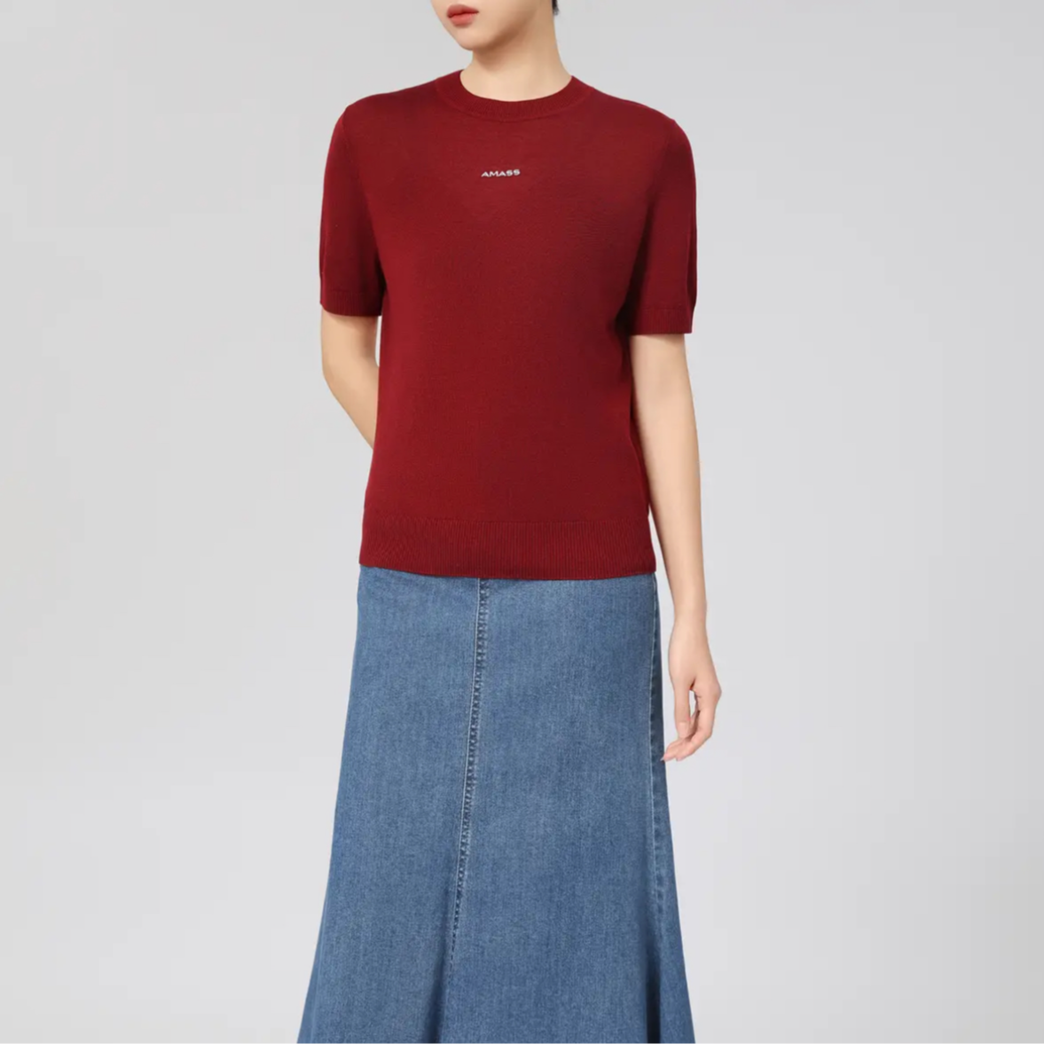 阿玛施【官方正品】春夏新款桑蚕丝时尚极简圆领半袖针织衫女538053