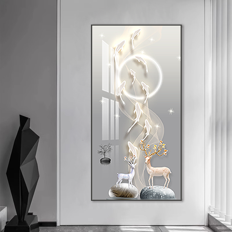 九鱼纳福正对门现代玄关装饰画简约晶瓷画鹿角高档家居挂画XG-099
