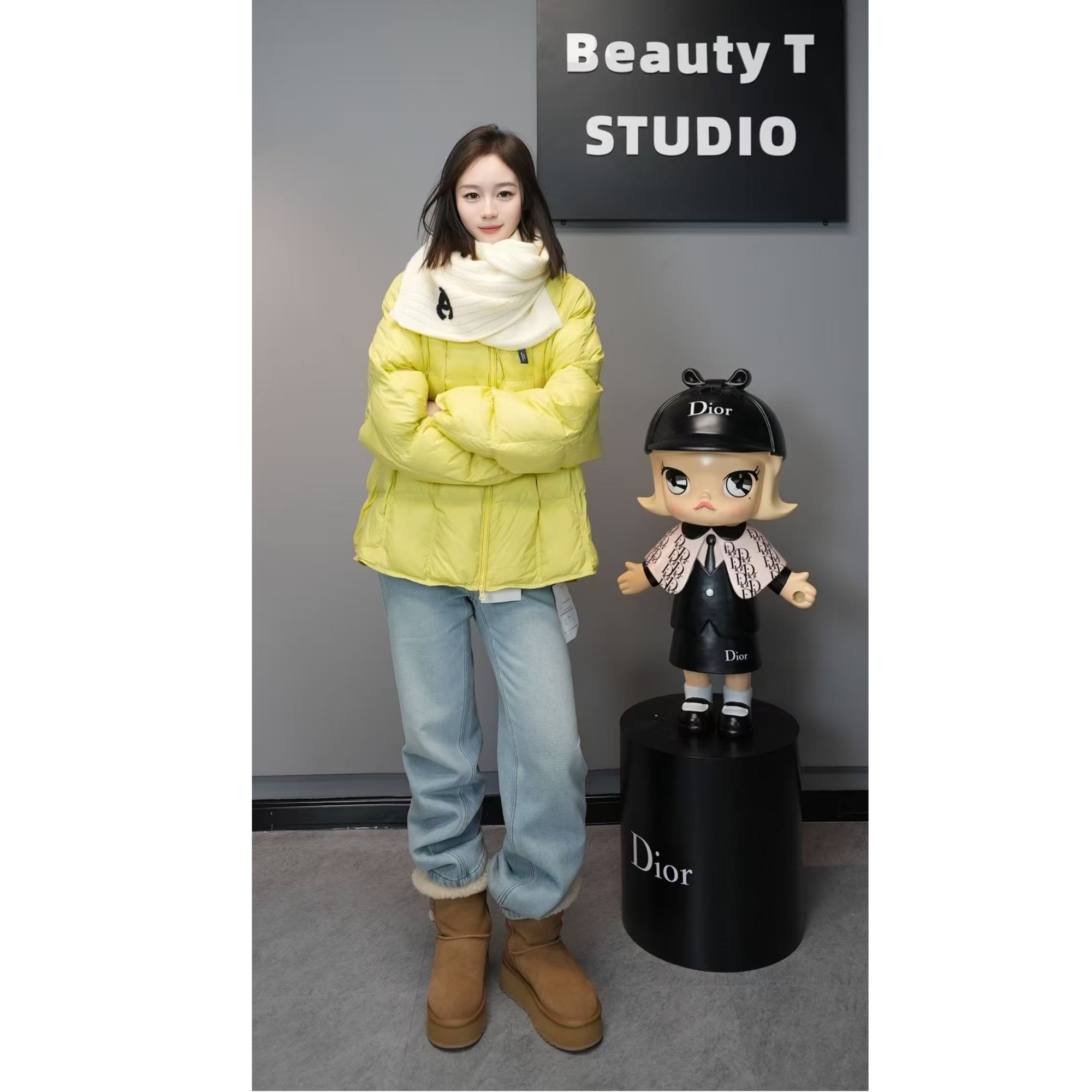 欧2025冬季新品针织帽云朵方格羽绒服两件套长