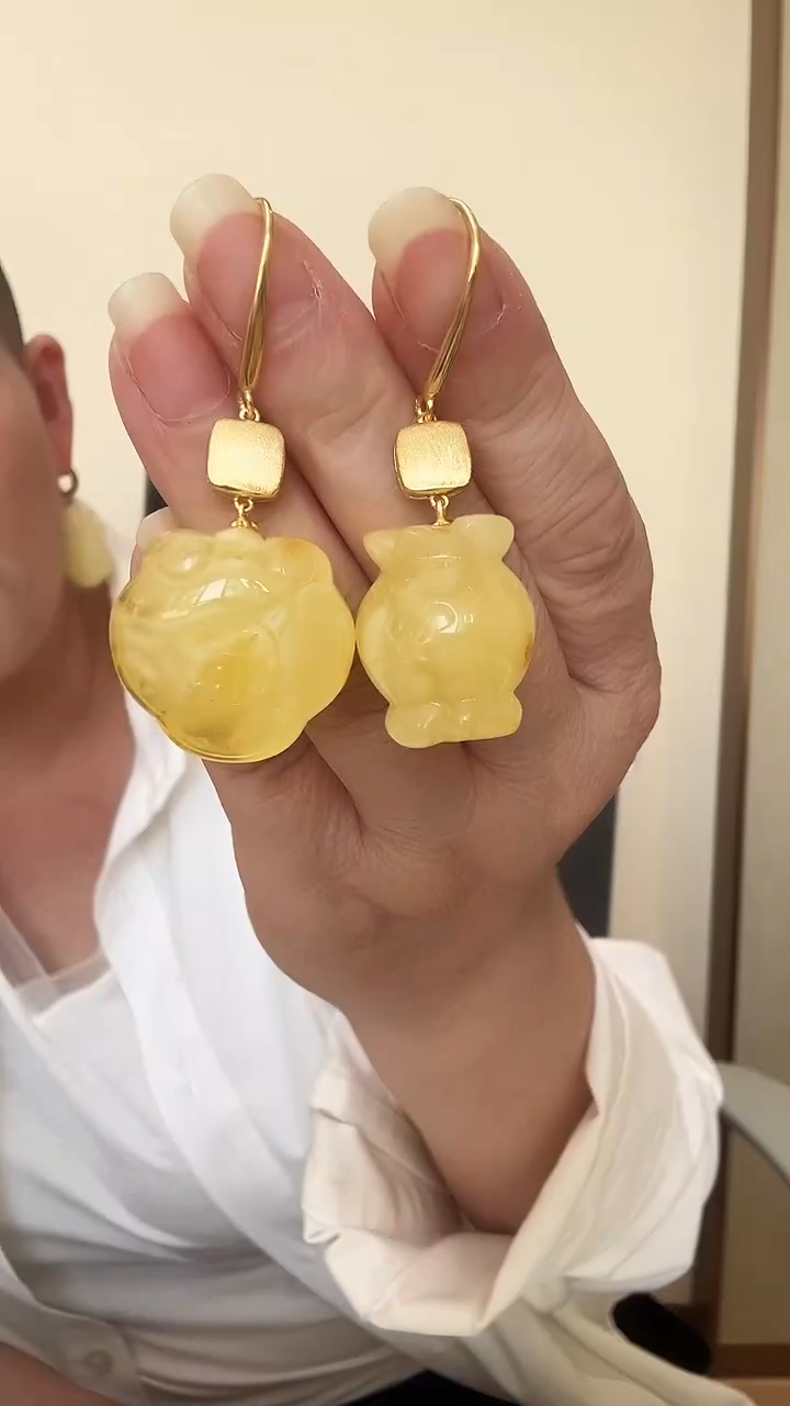 琥珀银S925镶嵌耳饰耳环