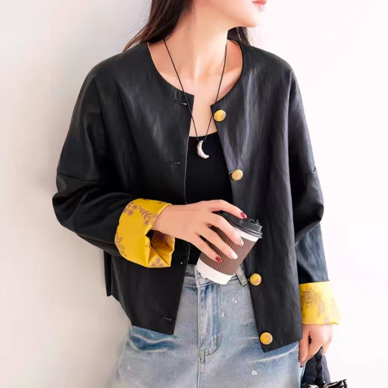 皮衣拼接款提花宽松长袖外套百搭国风女装中式上衣304