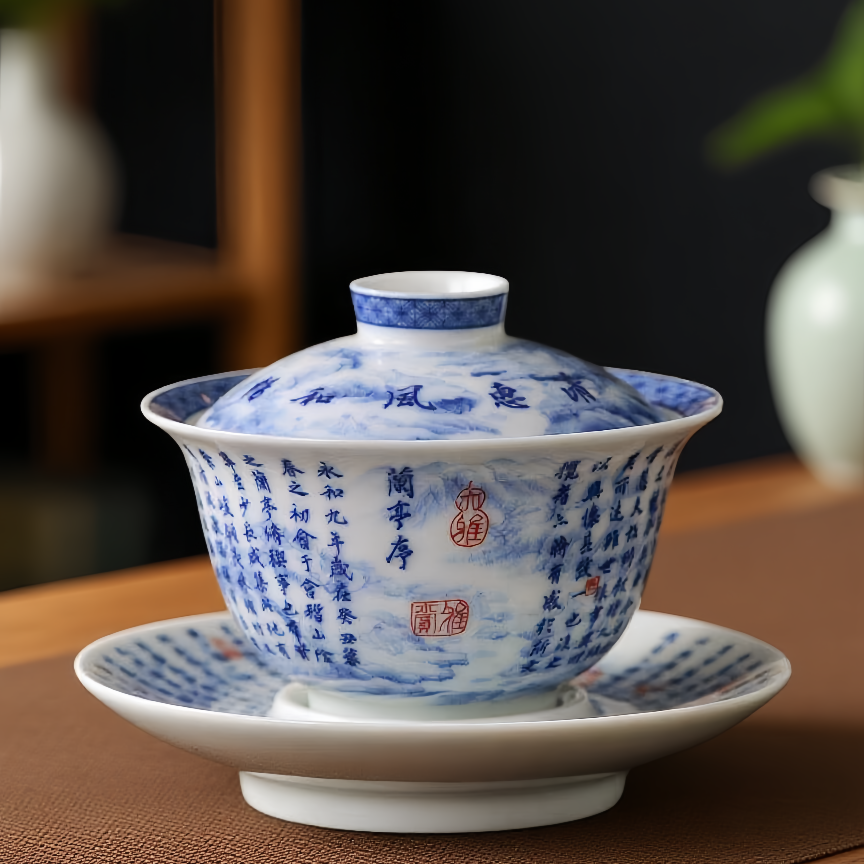 景德镇陶瓷茶具青花瓷盖碗题字兰亭序三才家用泡茶可悬停防烫手