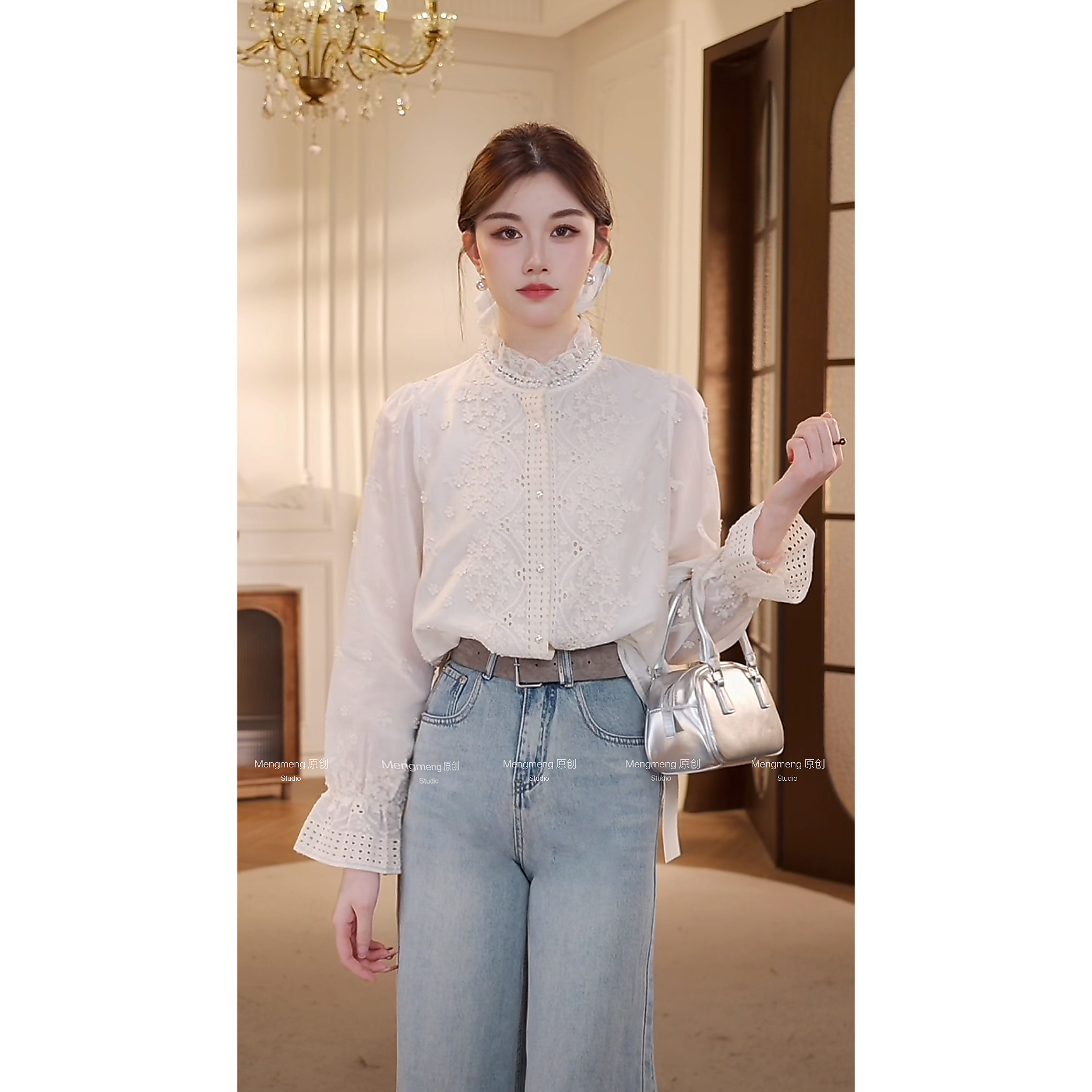 【梦梦&GERTC】从心 温柔风镂空时尚法式蕾丝花瓣袖衬衫 WG251A3053