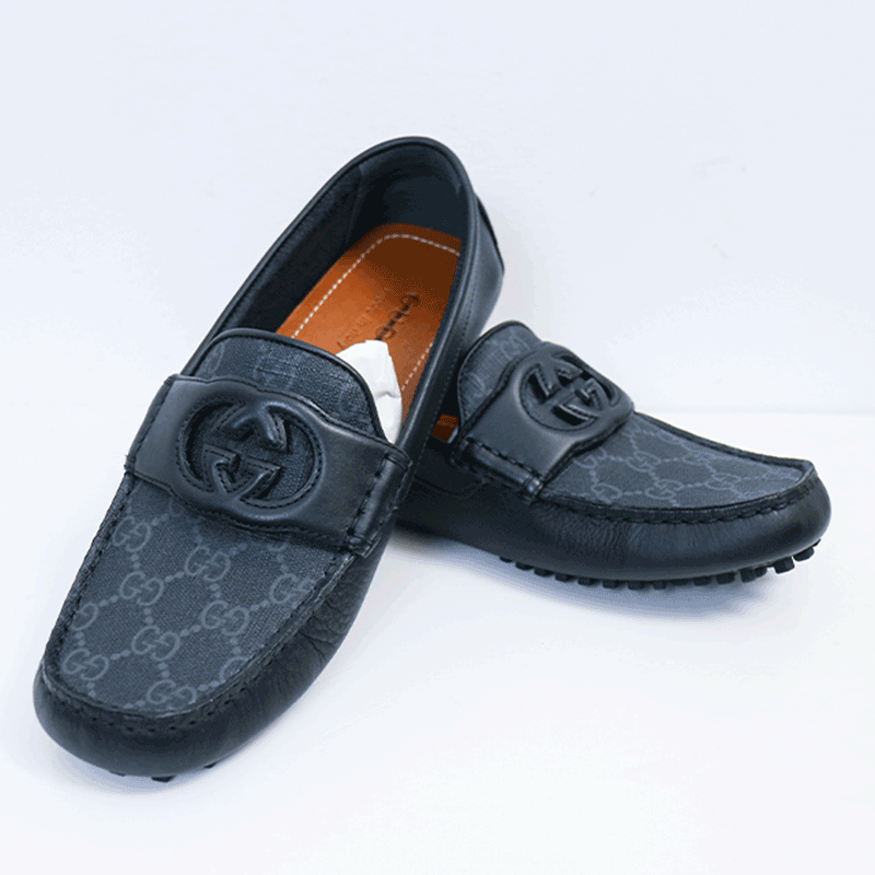 未使用 GUCCI/古驰 舒适时尚双G镂空老花满印黑色豆豆鞋39.5码