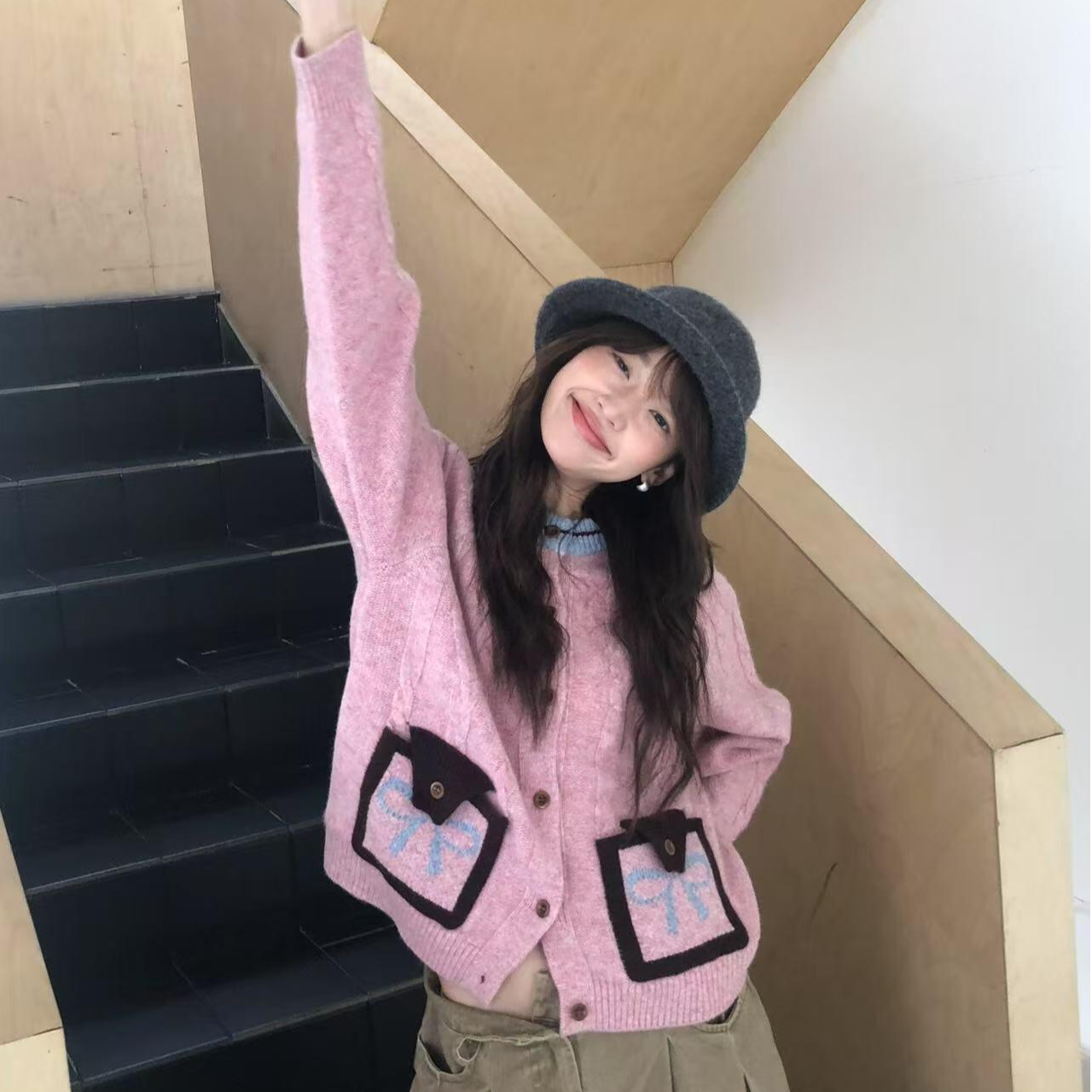 6羊毛韩系穿搭麻花毛衣撞色开衫女新款复古软糯慵懒风针织外套