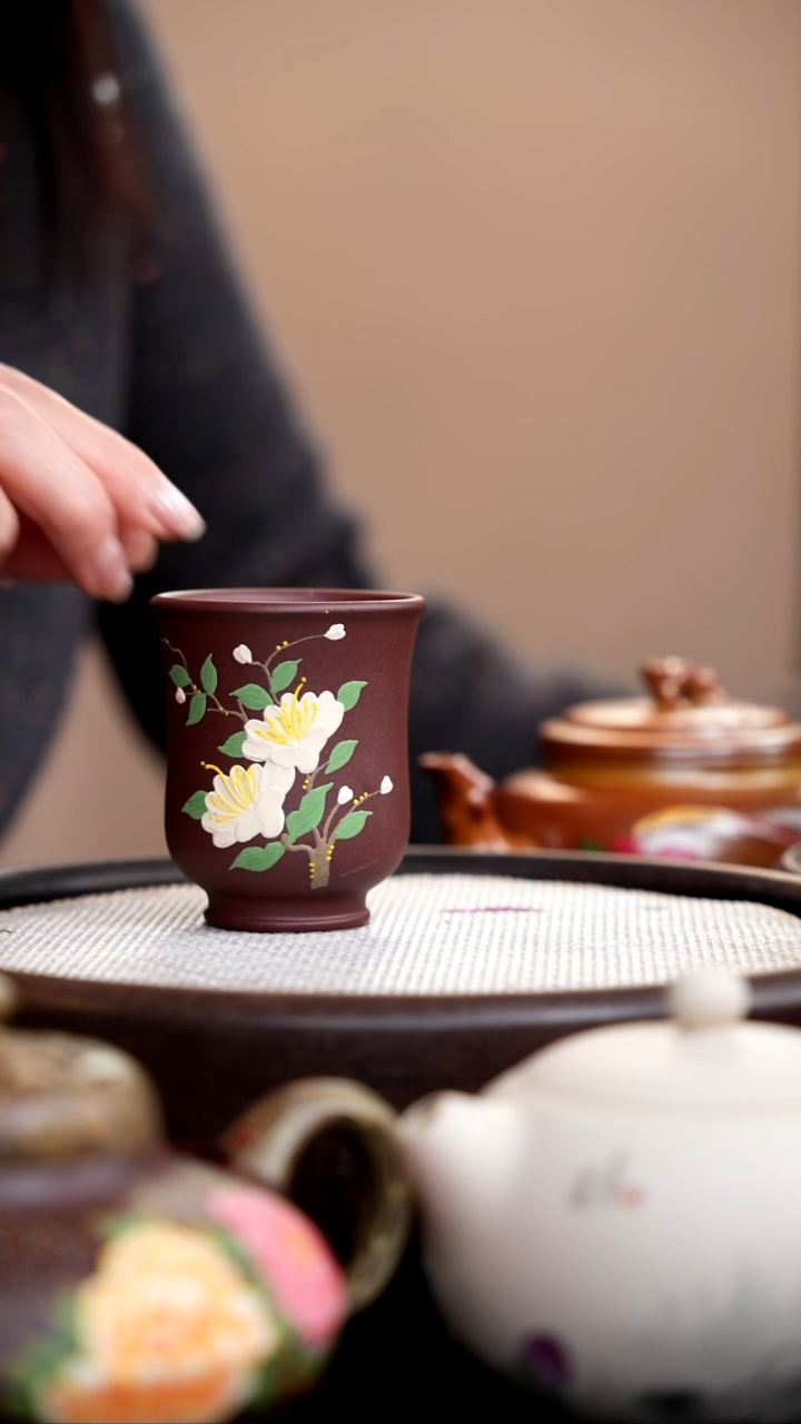 茶壶紫砂紫泥收腰杯双花