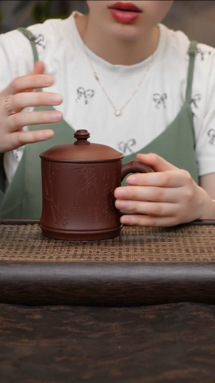 茶杯紫砂底槽清竹节刻绘