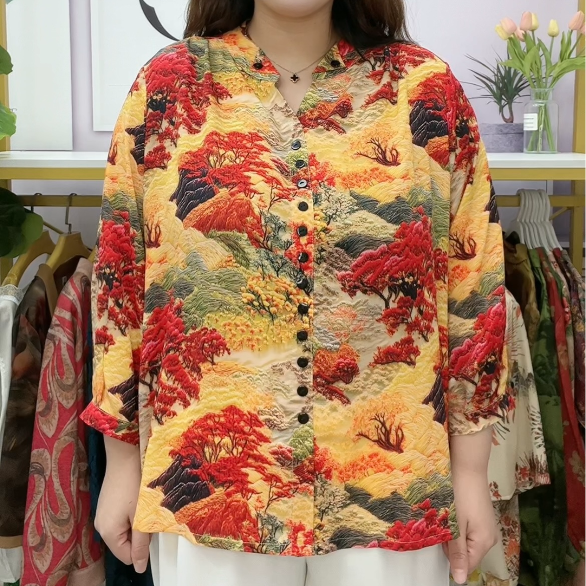 锦绣山河八分袖排扣叠领衬衫