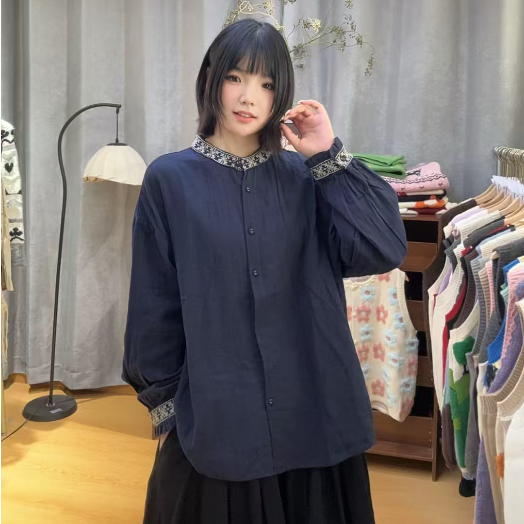 【编号200-250】衬衫宽松秋季提花刺绣长袖圆领上衣常规休闲韩版女