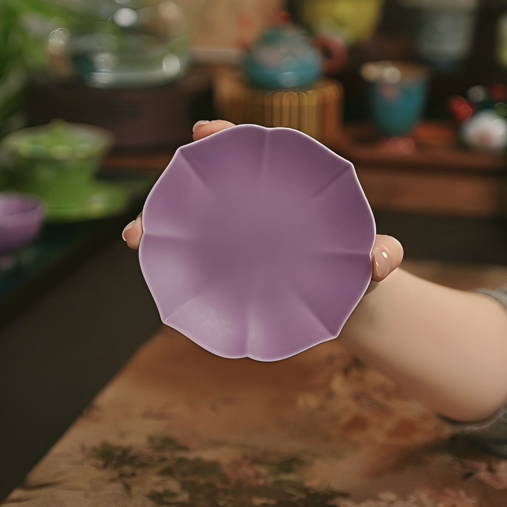 绝绝紫陶瓷茶具菊瓣筋纹花瓣杯垫