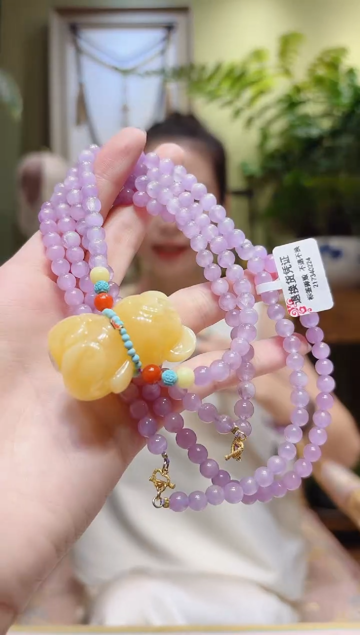 【闪购商品】锂辉石斜挎18K金镶嵌蜜蜡熊紫锂辉斜挎