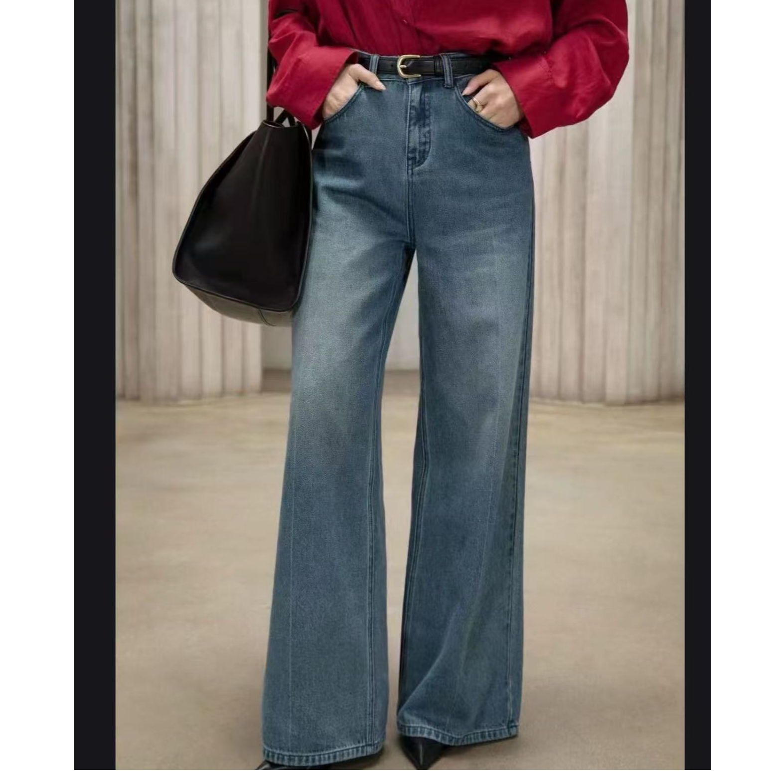 5402号#4040#秋简约百搭休闲显瘦复古线条设计阔腿牛仔裤