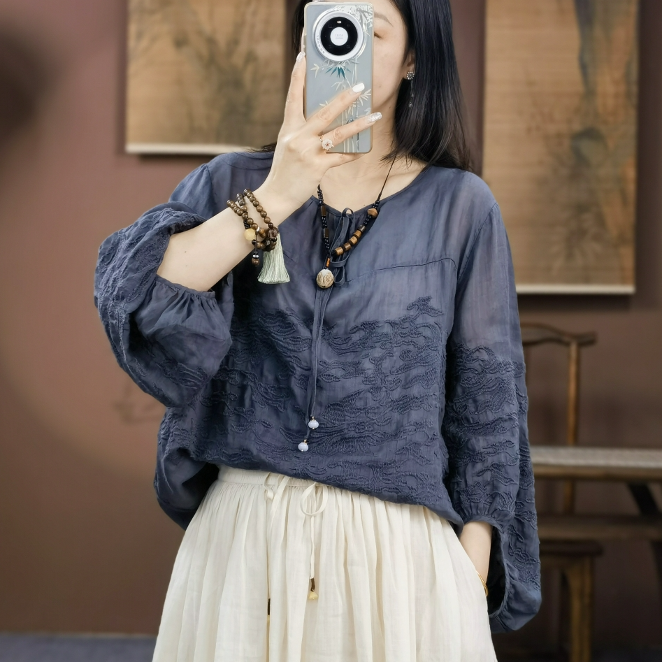 束心新中式女装新款苎麻重工刺绣七分袖上衣女圆领纯色大码小衫女