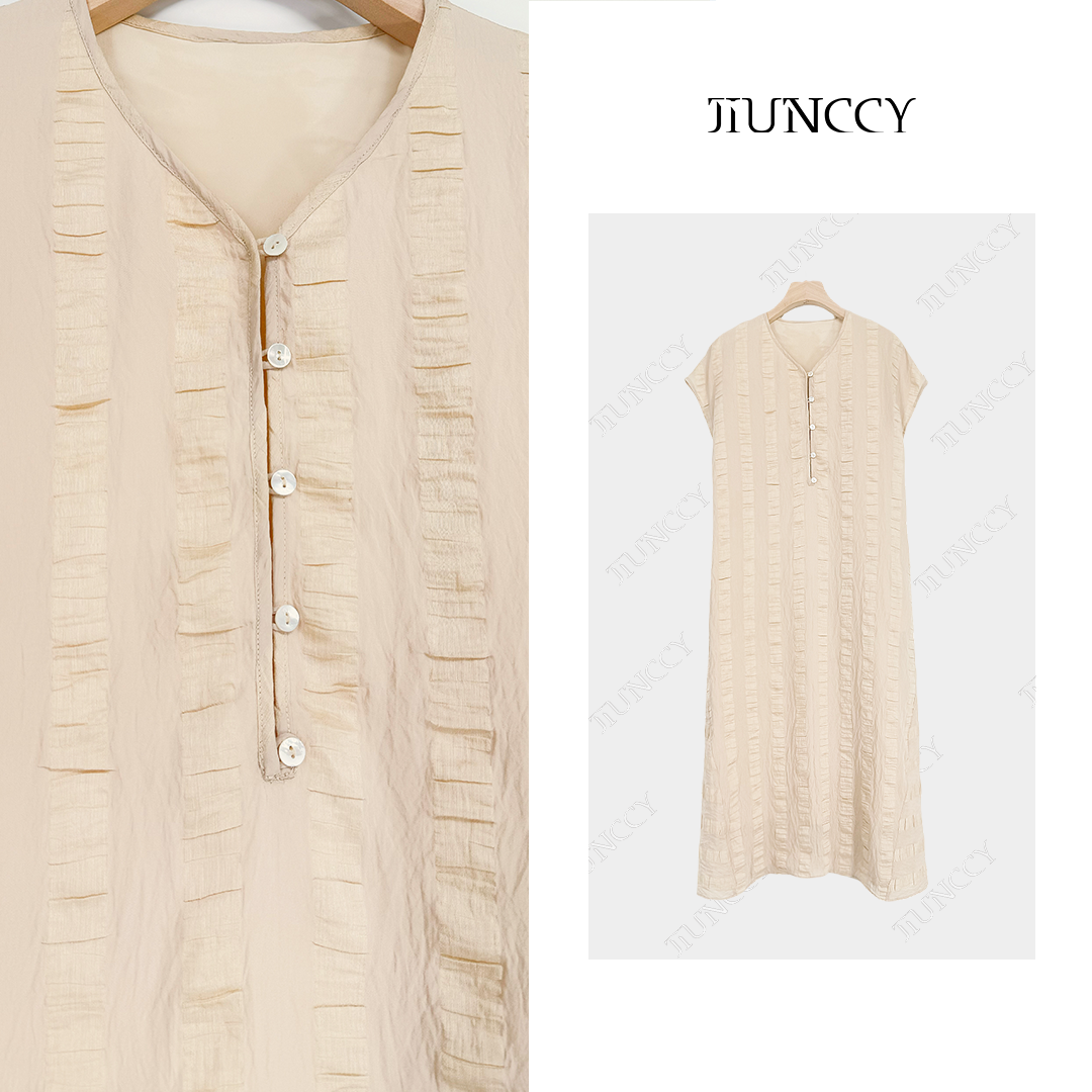 JIUNCCY【千层】定制亚麻立体提花褶皱肌理连肩袖连衣裙 52YLYQ032