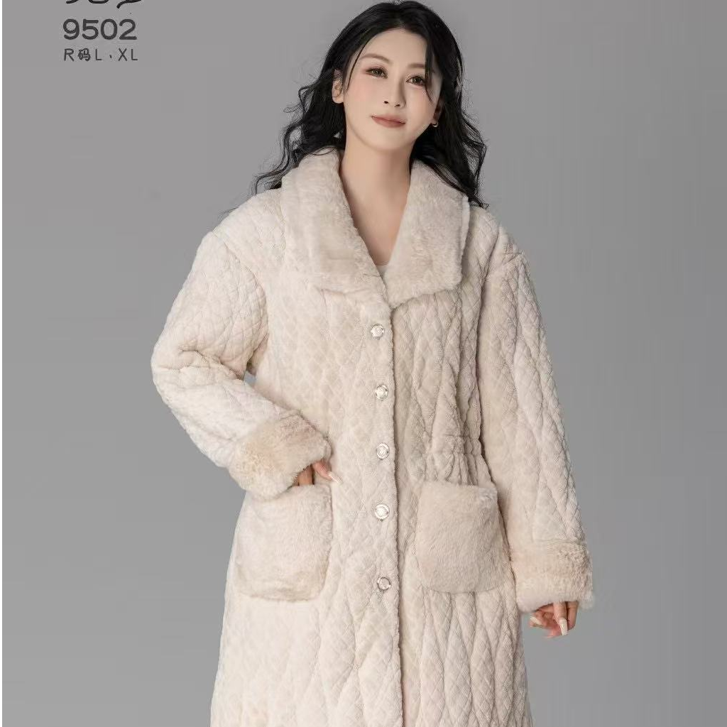 【0296祥-纯色袍】家居服女套装冬加厚外穿中长款毛绒卡通家居睡衣