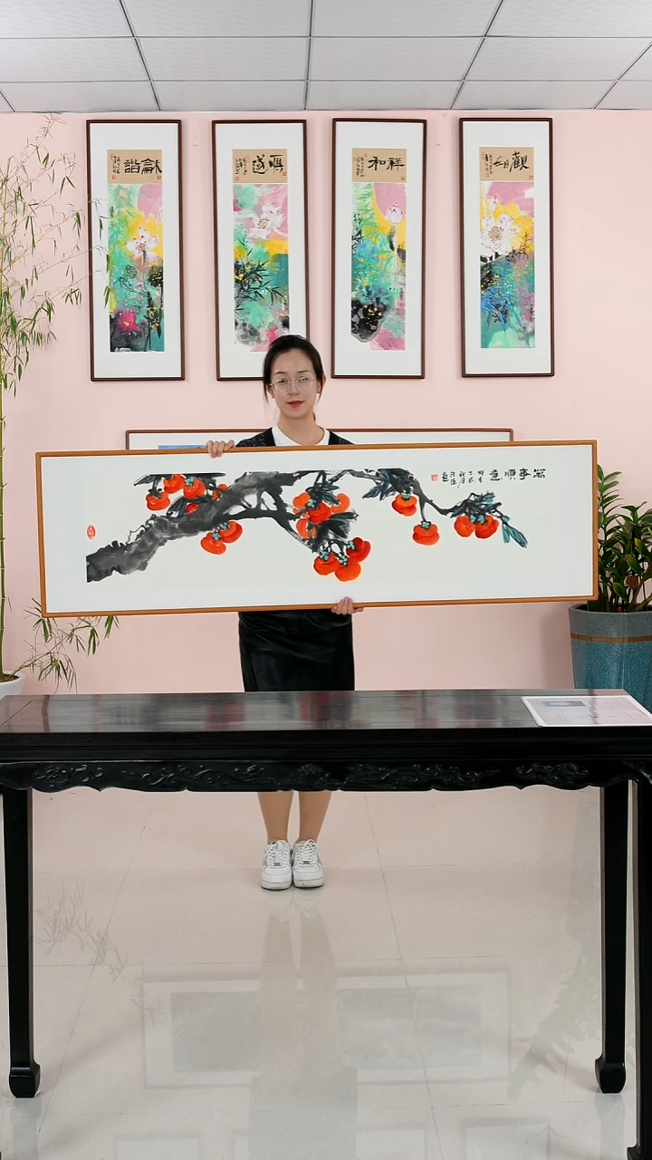国画汪琼《万事顺意》手绘含框162*47厘米