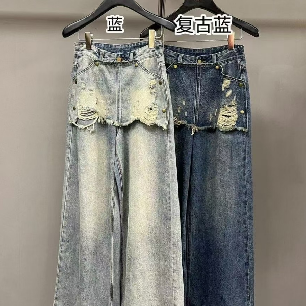 【衣香丽尔】秋冬新款拼接高腰牛仔裤女高腰显瘦直筒阔腿长裤子